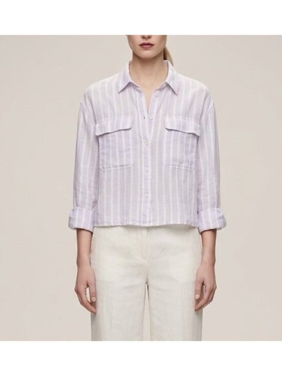 Gap Tops - NEW Gap 100% Linen Cropped Shirt Button Up Womens S Blue White Stripe Boxy SMALL